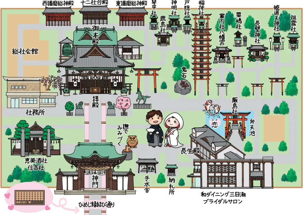 播磨国総社の境内MAP。御本殿・拝殿・神門・長生殿・弁天池・撫でみみづく・鬼石などの位置図